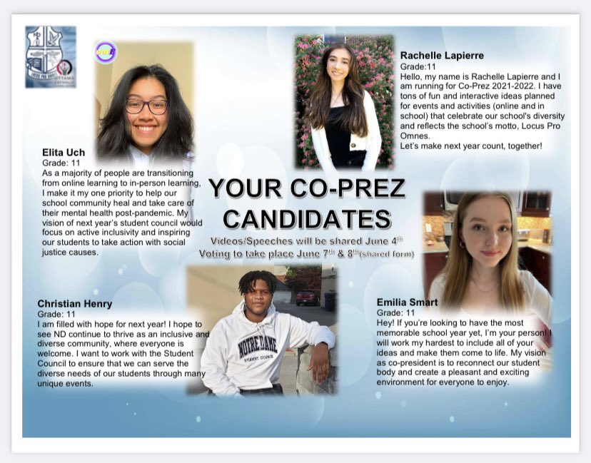 NotreDameOCSB's tweet photo. Check out next years ND candidates for Co-Prez !! Voting takes place Monday, June 7 & Tuesday, June 8 #ThisisND #CoPrez @OttCatholicSB https://t.co/MGssguzXL4