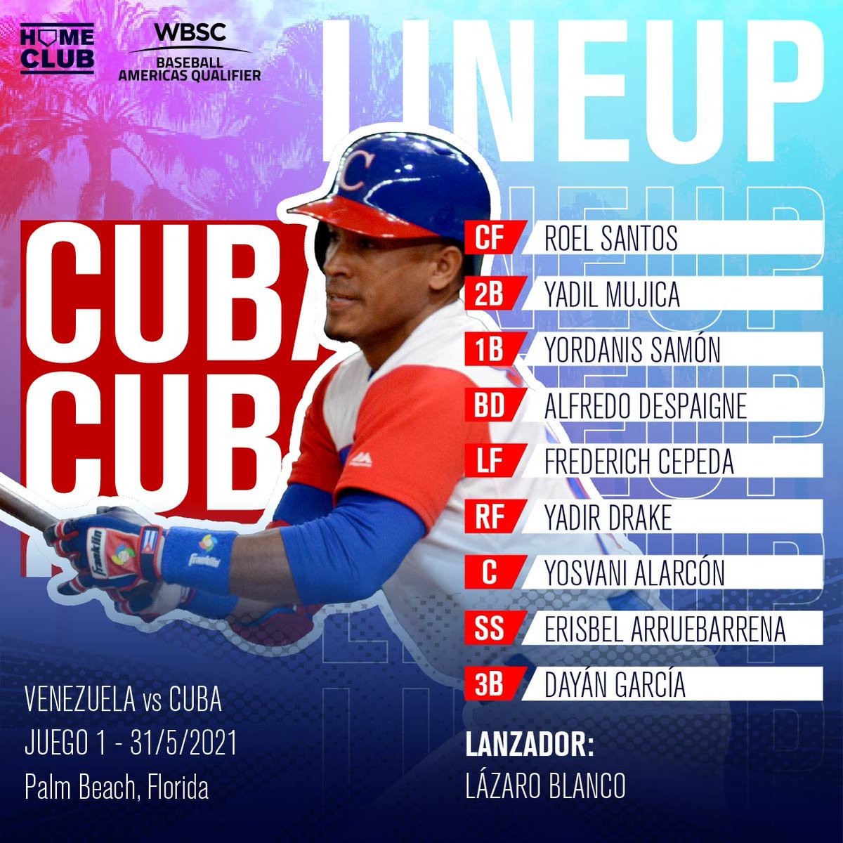 LINEUP DE CUBA🇨🇺‼️ Según fue anunciado, estos serán los titulares en el inicio del Preolímpico de las Américas ⚾ para el equipo cubano, que estará enfrentando a la novena de Venezuela 🇻🇪.

#HomeClub | #LaCasaDelBeisbol