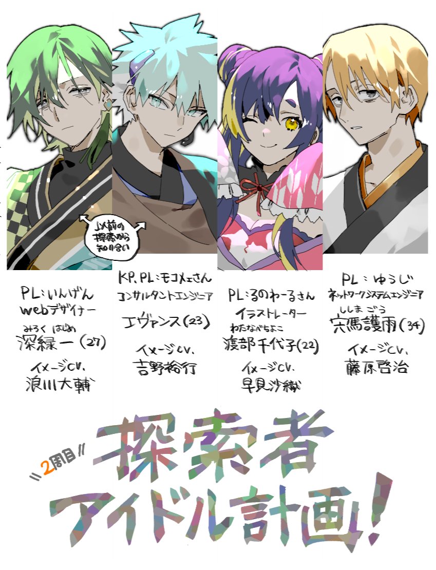 クトゥルフ神話TRPG「探索者アイドル計画!」
KP:モコメェさん
PL:いんげん、ゆうじ、るのわーるさん(2周目のみ)
アイドルしてきた😊イメージcv.とか考えたことなかった…
ポイピクに2周分のレポ絵+自探索者紹介のせています
シナリオ内容に触れているので注意▼
https://t.co/2y75QAzHvS