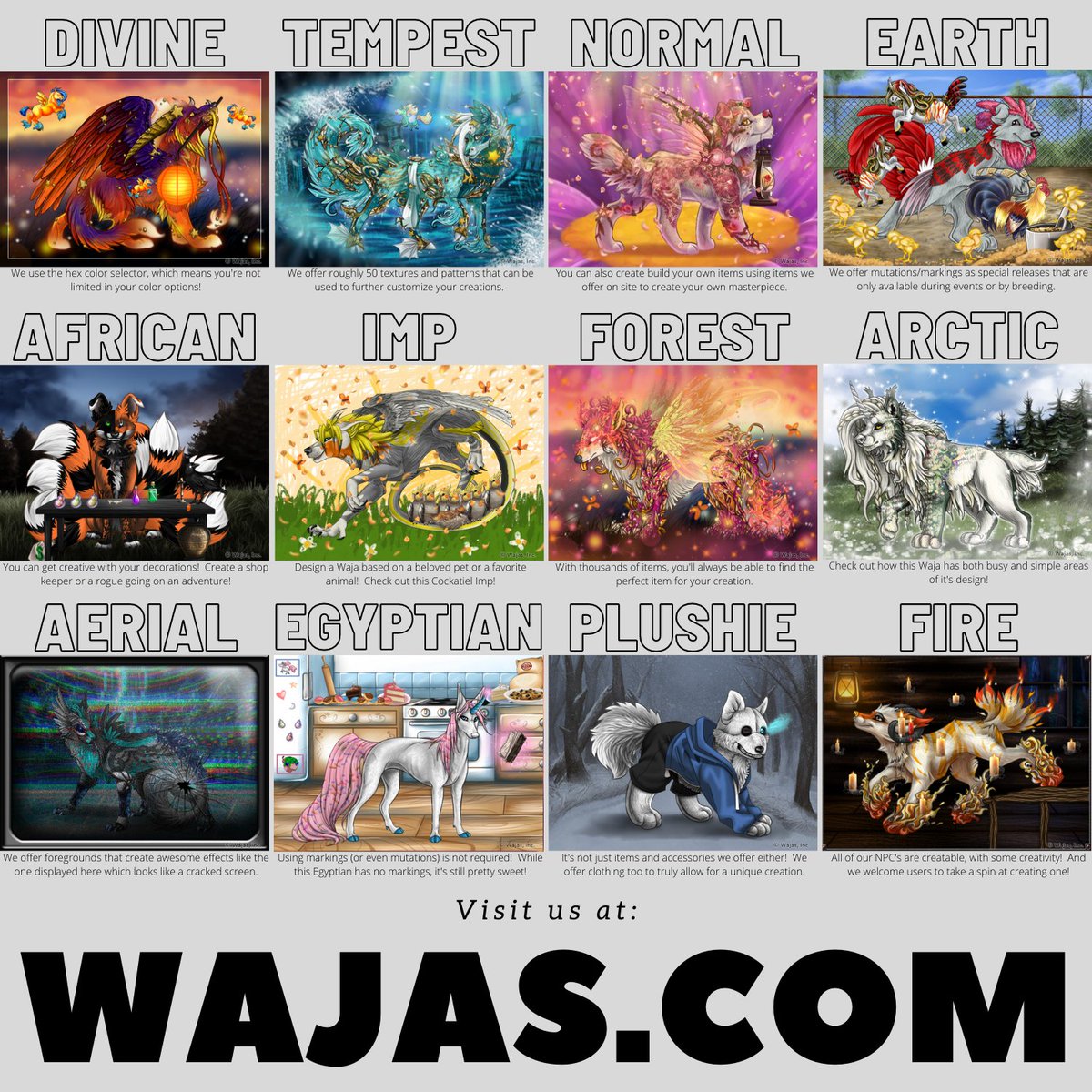 Wajas's tweet photo. Wajas is a browser virtual pet site. We offer 16 different breeds of wolflike creatures, with hundreds of markings and mutations, and thousands of items!  
https://t.co/BOfsqfkl8N

#browsergame #virtualpetsite #wolf #fantasy #game #digitalpet #wajas https://t.co/7FuouQqBdv