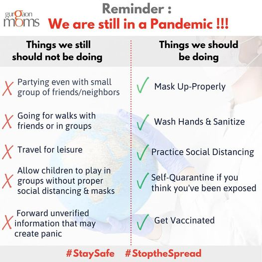 GurgaonMoms's tweet photo. Not long ago , just a few months back , when the number of cases started falling , a false sense of normalcy started creeping. 
Second wave happened !! 
Numbers maybe going down now. Let’s be smarter this time . Let us not stop displaying COVID appropriate behaviour. https://t.co/0f5p2mnJXt