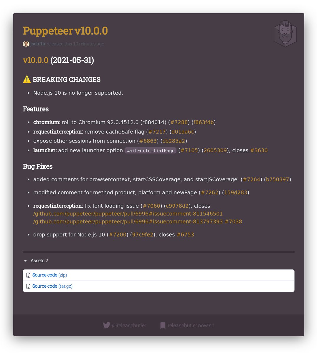 releasebutler's tweet photo. ๐ฅ New Puppeteer Release ๐
๐ฆ v10.0.0
๐ MAJOR RELEASE ๐๐๐
๐ท๏ธ #puppeteer #headlesschrome #nodejs #ssr #release #changelog #releasebutler
๐ https://t.co/oYwNQNtrsY https://t.co/vYvmz7c3EV