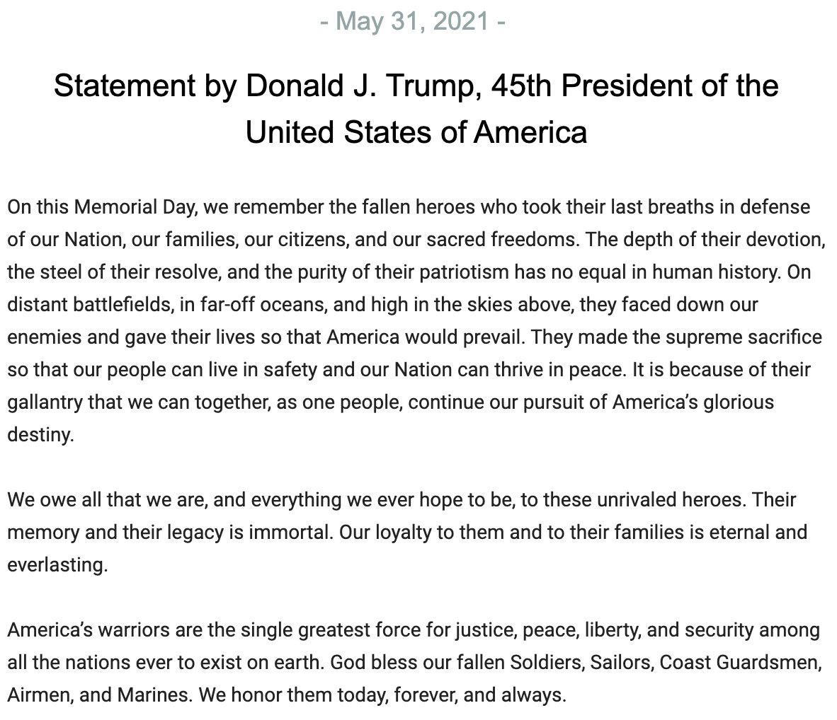 Julio_Rosas11's tweet photo. Former President Trump's Memorial Day statement: 

"We remember the fallen heroes who took their last breaths in defense of our Nation, our families, our citizens, and our sacred freedoms." https://t.co/hDwvbHM3XE