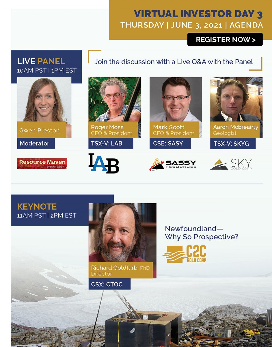 Are you ready for Virtual Investor Days this week!? Below is Day 3 of our events &amp; will be on June 3, 2021.

If you haven't signed up already, REGISTER NOW: bit.ly/34lyRz7 

<a href="/LabGoldCorp/">Labrador Gold Corp.</a> @sassyresources <a href="/SkyGoldCorp/">Sky Gold Corp.</a> @C2CGoldCorp <a href="/miningmavengwen/">Gwen Preston</a> 

#NFLDgold #investment