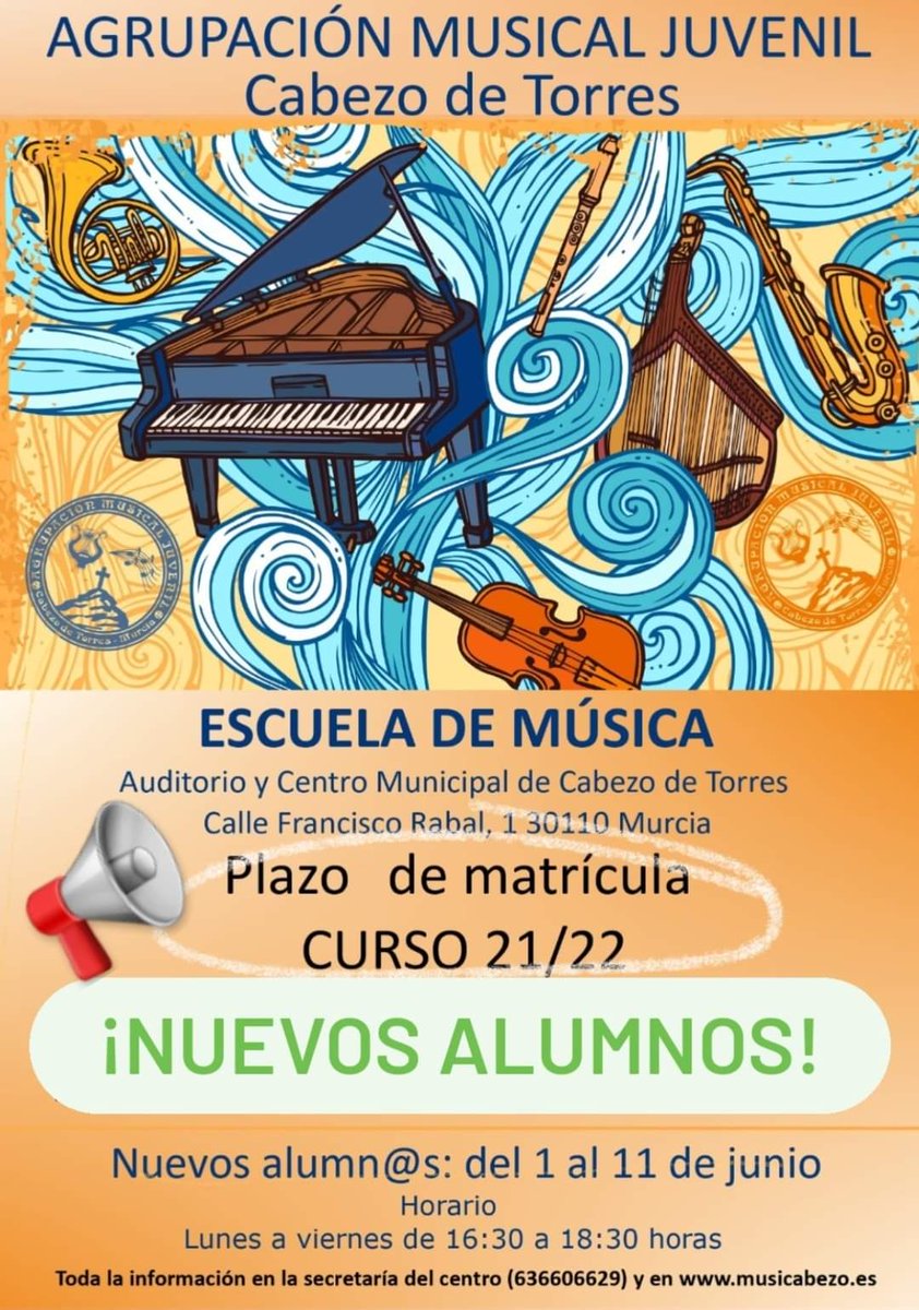AMCT_OFICIAL's tweet photo. 📢MATRÍCULA para NUEVOS ALUMNOS❗
📆Del 1 al 11 de junio
⏱L-V, 16:30 a 18:30 h
ℹToda la información y documentación en nuestra web https://t.co/4diODr1eyd
¡No dejes pasar esta oportunidad! ¡¡Plazas LIMITADAS!! ¡¡¡Que no se te pase!!!
🎼🥁🎷📯🪘🎻🎺🎼
#AMJCT #EscuelaDeMúsica https://t.co/aDX4usWqp4