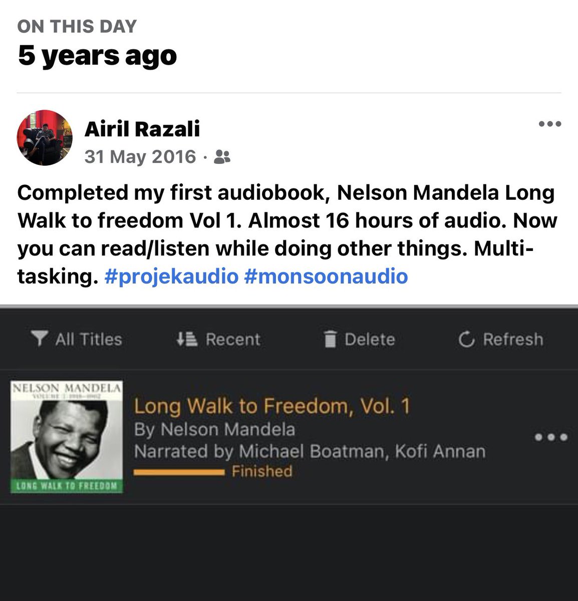 5 tahun dulu. 

Otw pi masuk ofc PwC. Naik KTM sambil dengar Audiobook. 

Seterusnya, membawa kepada permulaan <a href="/NAudiobooks/">Nusantara Audiobooks</a>.