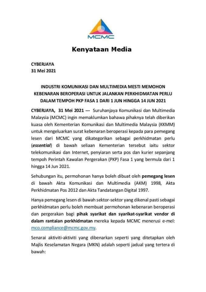 komunikasi_gov's tweet photo. [KENYATAAN MEDIA]

Industri Komunikasi dan Multimedia Mesti Memohon Kebenaran Beroperasi untuk Jalankan Perkhidmatan Perlu dalam Tempoh Fasa 1 dari 1 Jun hingga 14 Jun 2021

Klik 👉🏻 https://t.co/kL6V6897oj

Dikeluarkan oleh: Suruhanjaya Komunikasi dan Multimedia Malaysia

#KKMM https://t.co/A1UcA0wUw9