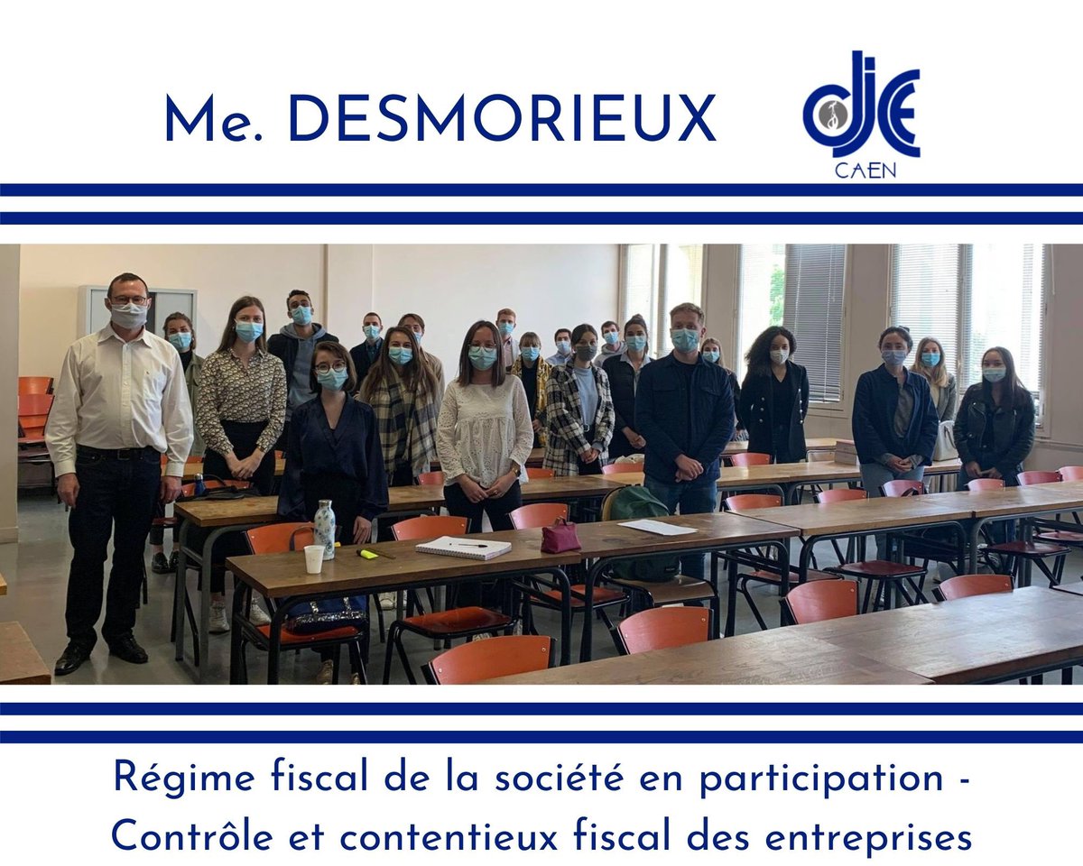 DJCE_Caen's tweet photo. Le DJCE de Caen remercie Maître DESMORIEUX, Avocat au barreau de Paris, pour son intervention qui a permis aux étudiants de saisir les enjeux de la fiscalité des sociétés en participation et les aspects pratiques du contrôle et du contentieux fiscal des entreprises. https://t.co/F1fIa0bOez