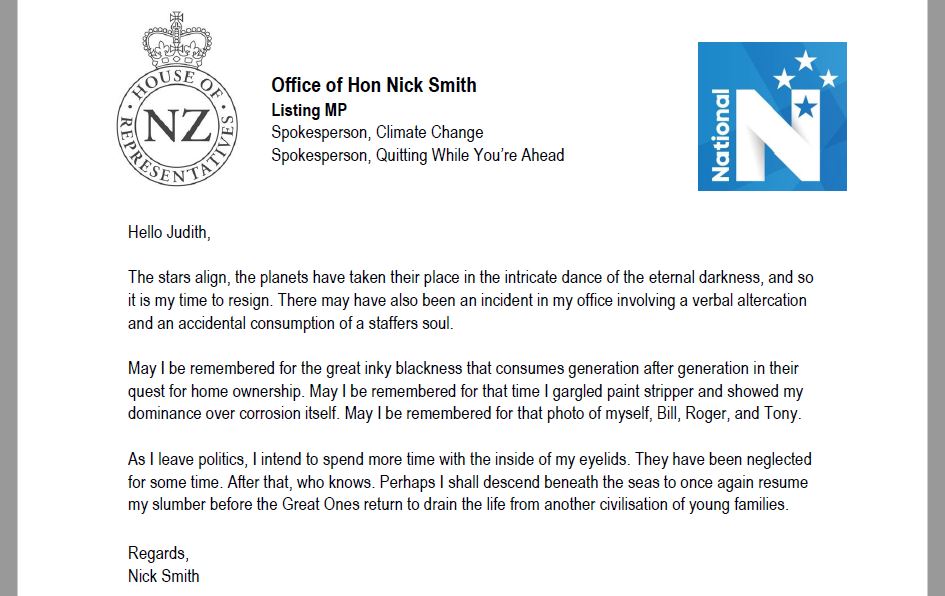 BeehiveLetters's tweet photo. Nick Smith to Judith Collins
RE: Letter of Resignation
#nzpol #satire https://t.co/2DI7RPBRCm