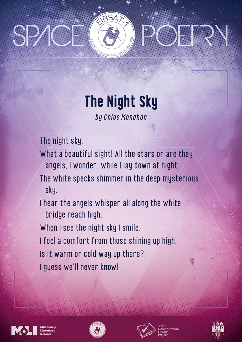 JCSP Library Project (@jcsplibraries) on Twitter photo Our next Space Poetry poem is 'The Night Sky', a beautiful, evocative poem from Chloe in <a href="/kylemorelib/">JCSPLibrary KC</a> <a href="/KylemoreCollege/">Kylemore College</a>. Well done Chloe 👏👏👏
#SpacePoetry #EIRSAT1 #Poetry #ArtsInEducation Our next Space Poetry poem is 'The Night Sky', a beautiful, evocative poem from Chloe in <a href="/kylemorelib/">JCSPLibrary KC</a> <a href="/KylemoreCollege/">Kylemore College</a>. Well done Chloe 👏👏👏
#SpacePoetry #EIRSAT1 #Poetry #ArtsInEducation