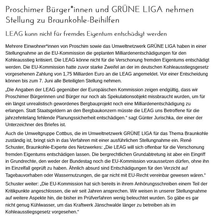 KlimaLausitz's tweet photo. „Die #LEAG will sich offenbar für die Verschonung fremden Eigentums entschädigen lassen. Die bergrechtlichen Grundabtretung ist aber ein Eingriff in Grundrechte, den weder der Bundestag noch die EU-Kommission voraussetzen dürfen...“
#Proschim #Welzow

https://t.co/qEPqkaplzP https://t.co/pPneuUuajK