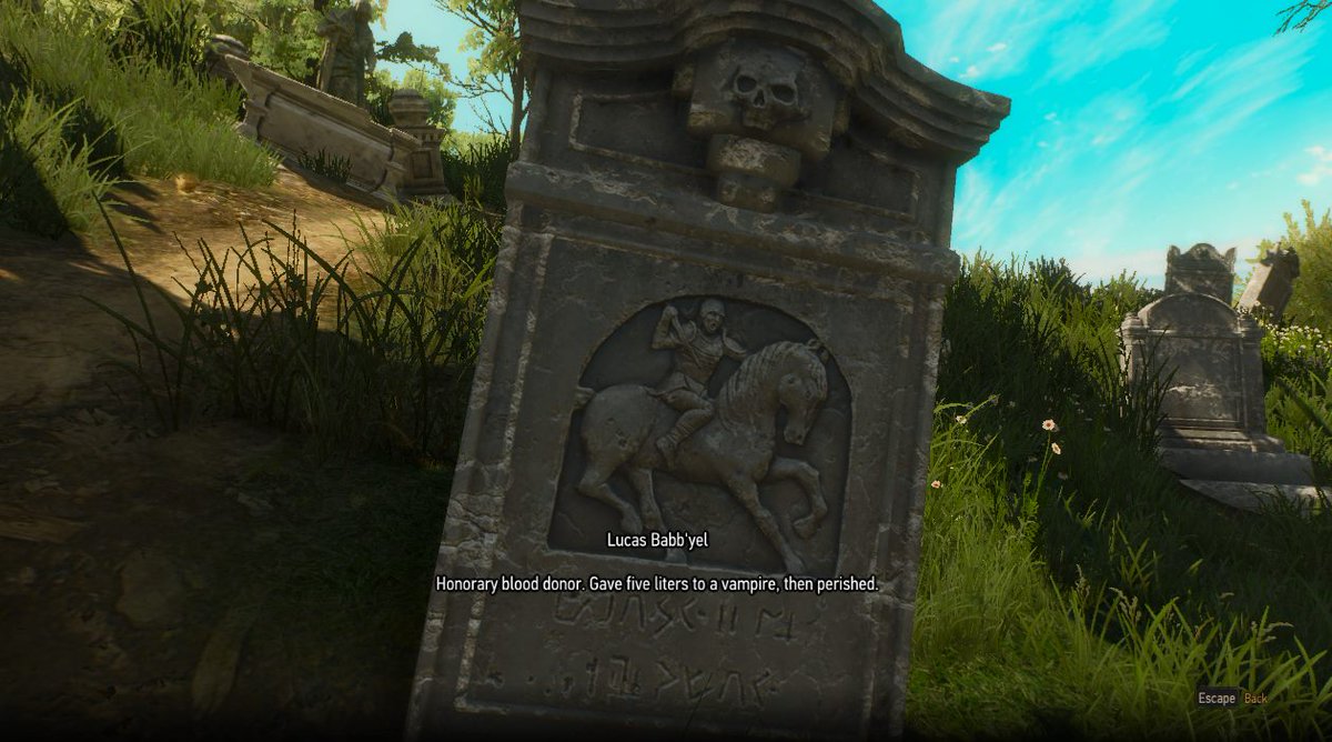 pjpkowski's tweet image. The Witcher 3: Wild Hunt – Blood and Wine is 5 years old! Mère-Lachaiselongue cemetery is home to some easter eggs and this is mine. As a honorary blood donor (~17 liters donated) I encourage everyone to give blood and save lives.🐺⚔️🍇🧛‍♀️🧛‍♂️🩸
