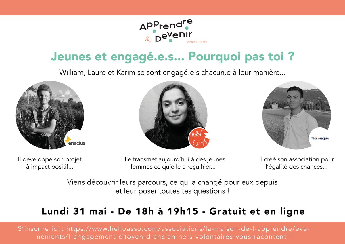 [ÉVÉVENEMENT]

Rdv ce soir de 18h à 19h15 pour écouter le témoignage de 3 jeunes engagé.e.s. Venez découvrir leurs parcours, ce que cela a changé dans leurs vies et leur poser toutes vos questions ! 📢💬 

#engagementcitoyen #tierslieu #education
