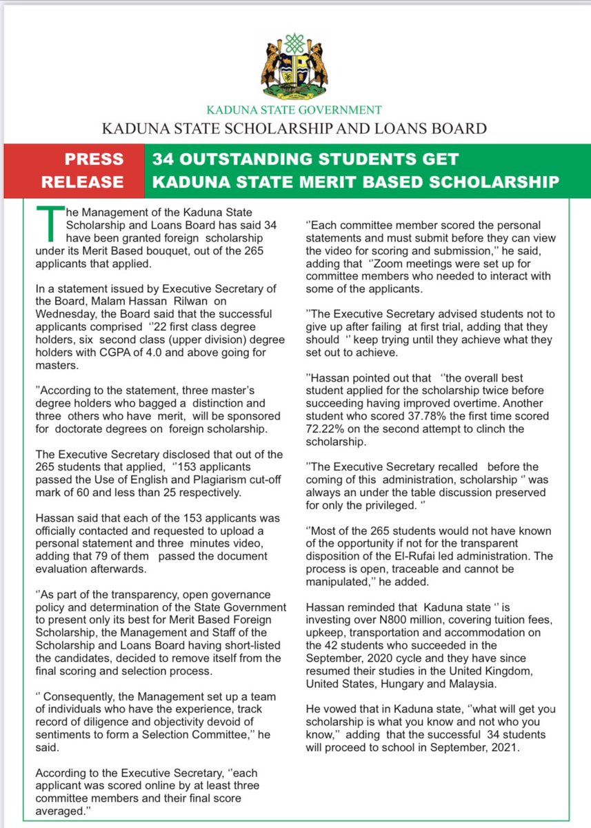 kadss_lb's tweet photo. Kaduna State releases the names of beneficiaries for the Merit Based Foreign Scholarship (January 2021 Cycle) https://t.co/Mq3puk9NvR