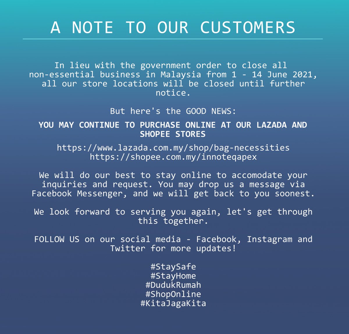InnoteqApex's tweet photo. #innoteqapex #staysafe #stayhome #shoponline #kitajagakita

https://t.co/Z5dOBX13it
https://t.co/RyfwVXr4oj https://t.co/vcrJxLgnB7