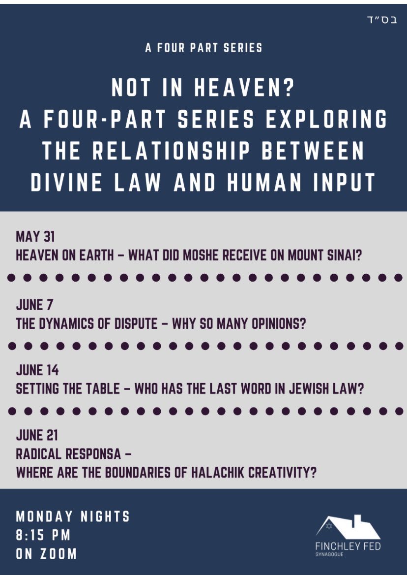 Monday evening learning is back! 

As from tomorrow evening at 8.15pm, Rabbi Roodyn will be presenting  a fascinating series on the development of halacha. Please DM for details of zoom link 
See you there!!