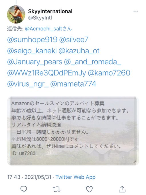 アマゾンコメンテーターの募集 アマゾンの中国のサクラレビューのバイトの募集 Snsのスパムで募集されていた 8000円 2万円かせげます まとめダネ