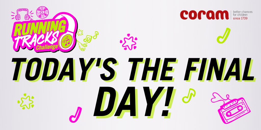 Coram's tweet photo. Today is the final day for our #RunningTracksChallenge participants! It has been a month of getting those muscles moving to motivational music choices 🏃‍♀️🎧

Help give them a #bankholiday boost and donate here: https://t.co/regpcB98fi https://t.co/OyWzNA6hR7