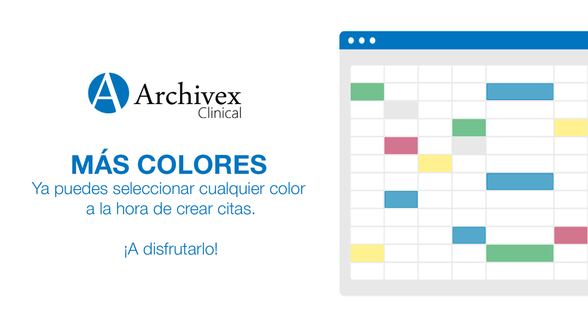 🎨 PERSONALIZA TUS CITAS 🎨

¡Tenemos una gran noticia que daros en la nueva actualización de @ArchivexClinica! A partir de ahora podréis seleccionar vuestros colores favoritos y personalizar las citas del calendario fácilmente 📆

Más información en archivexclinical.com/blog