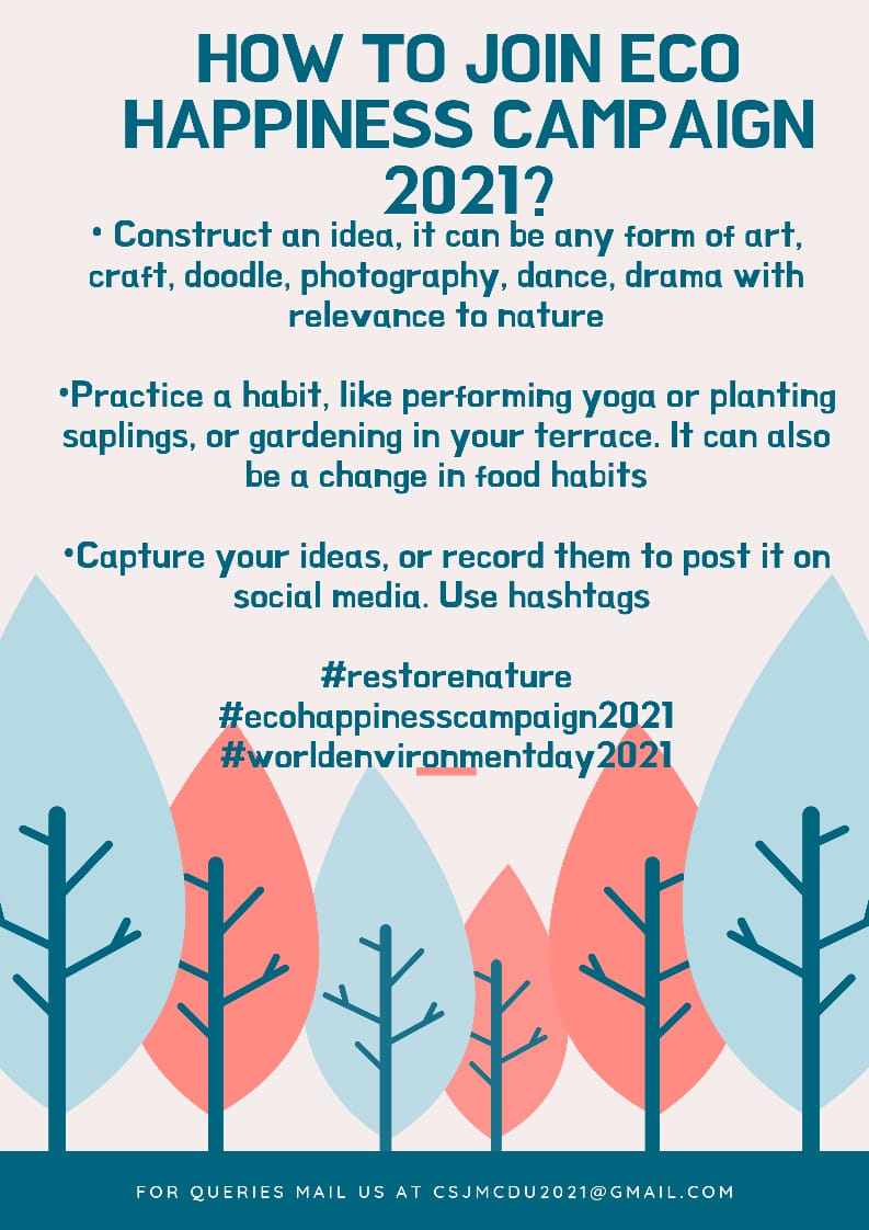 csjmcdu's tweet photo. Hello Everyone, on this #WorldEnvironmentDay, CSJMC-DU has plnned to exhibit a 5days campaign starting from 1st June-5th June,2021

--Plz take a part wd much enthusiasm--

*see more....
https://t.co/8jOcNh2Ns2

#restorenature
#ecohappinesscampaign2021
#worldenvironmentday2021 https://t.co/C5AmxibJCT