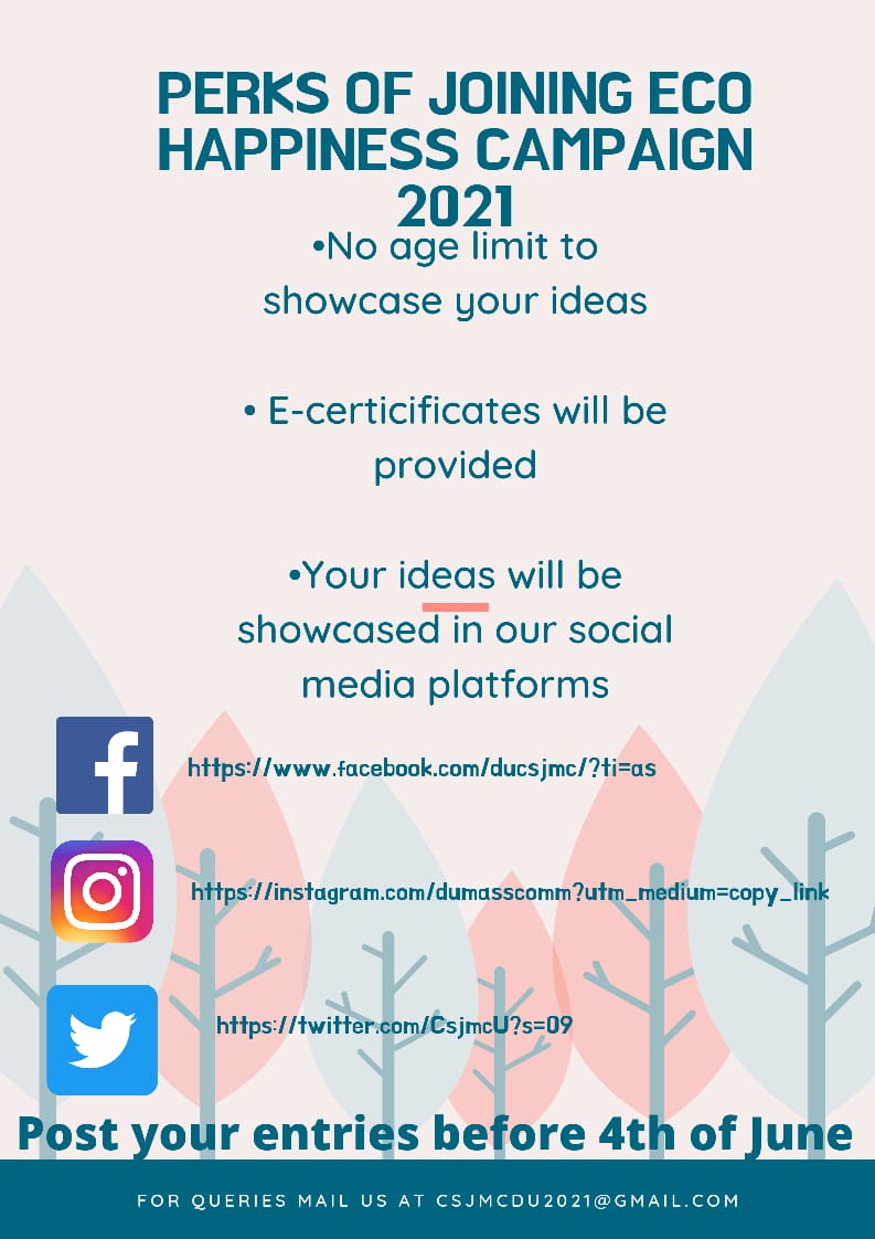 csjmcdu's tweet photo. Hello Everyone, on this #WorldEnvironmentDay, CSJMC-DU has plnned to exhibit a 5days campaign starting from 1st June-5th June,2021

--Plz take a part wd much enthusiasm--

*see more....
https://t.co/8jOcNh2Ns2

#restorenature
#ecohappinesscampaign2021
#worldenvironmentday2021 https://t.co/C5AmxibJCT