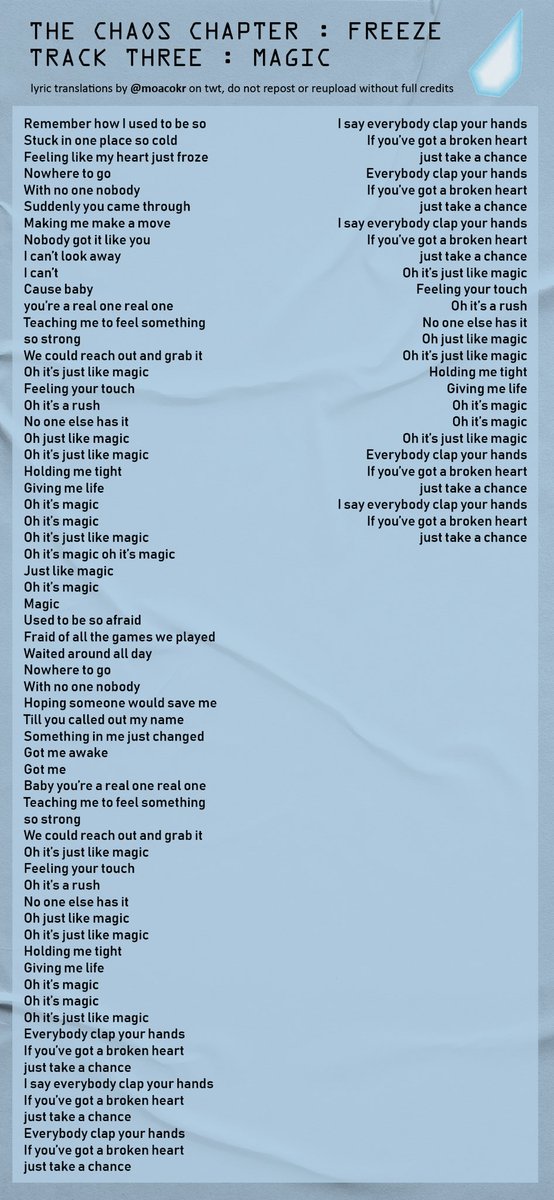 moacokr's tweet photo. the chaos chapter : freeze eng lyrics
     → track three : magic
    🗯 repost only with full credits !

@txt_members #txt_freeze https://t.co/IPnLgCtshj