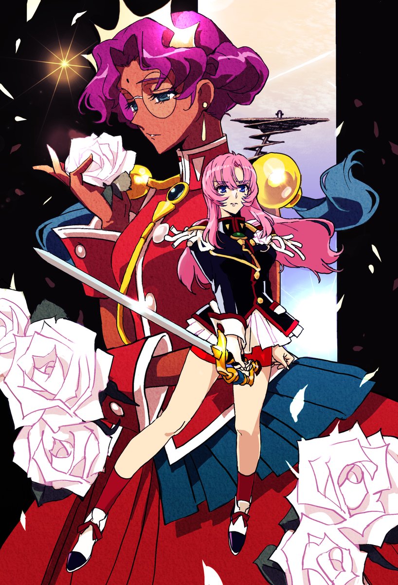 multiple girls 2girls pink hair weapon sword flower glasses  illustration images