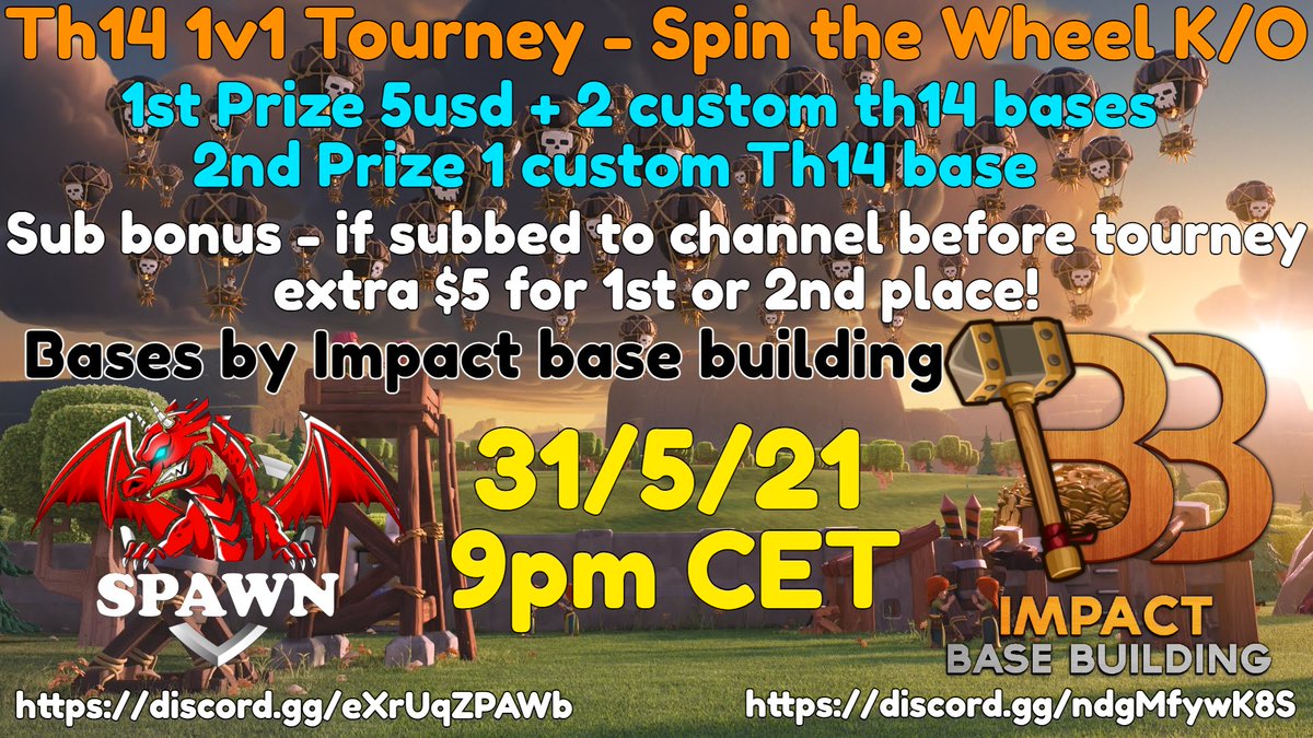SpawnDSG's tweet image. Small 1v1 tourney tonight to celebrate Twitch affiliate😎.
Thanks to @TomsGamingChan at Impact base building for help with the bases💪