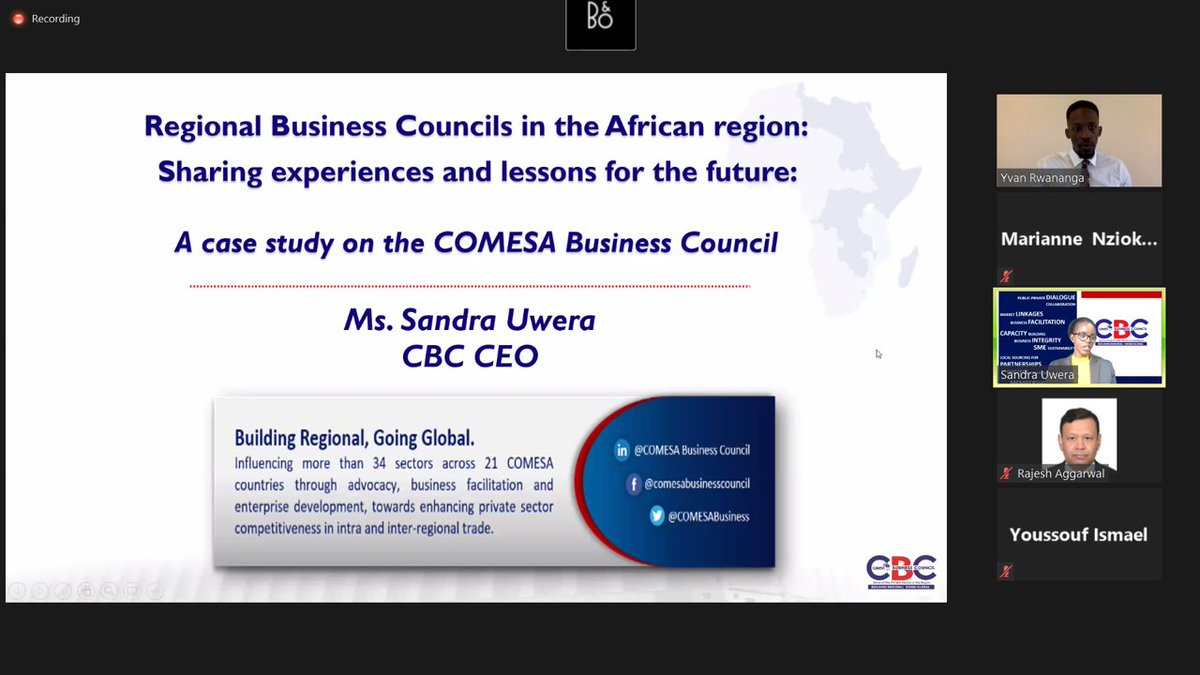 #HappeningNow Towards accelerating #regionalintegration, CBC's CEO @sandyuwera makes a presentation at the webinar, 'Regional Business Councils in the African Region: Sharing Experiences & Lessons for the Future.' #TradeDevelopment #privatesector #BusinessFacilitation #CBCtrade