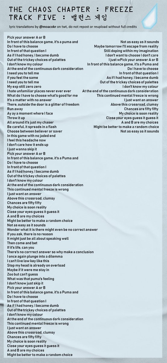 moacokr's tweet photo. the chaos chapter : freeze eng lyrics
     → track five : 밸런스 게임
    🗯 repost only with full credits !

@txt_members #txt_freeze https://t.co/2GzIes5JBo