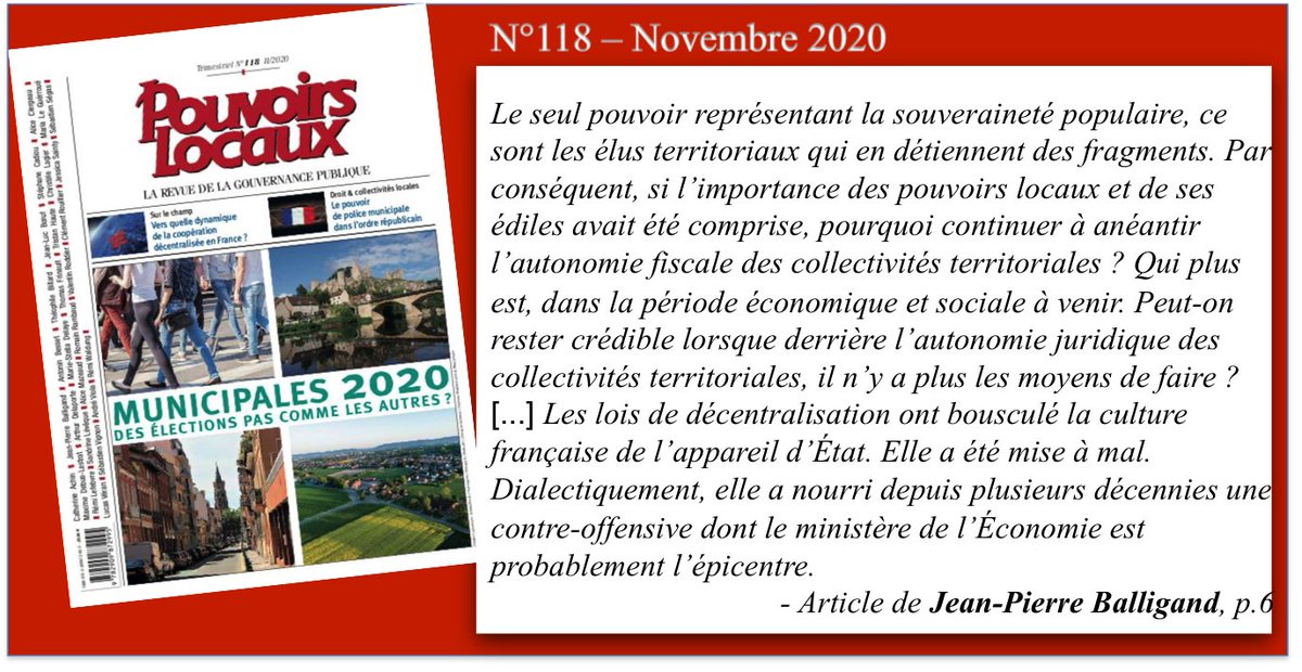 PouvoirsLocaux's tweet photo. ✒️#Extraitdelecture #PouvoirsLocaux N°118-2020 Article de Jean-Pierre Balligand «A la verticalité de l’Etat, doit répondre une méthode de gouvernance propice à la transaction démocratique?»
#rétrospective #Décentralisation
📚→Toute la collection sur->:
https://t.co/lTrQy5ccv9 https://t.co/hxocoQYC91