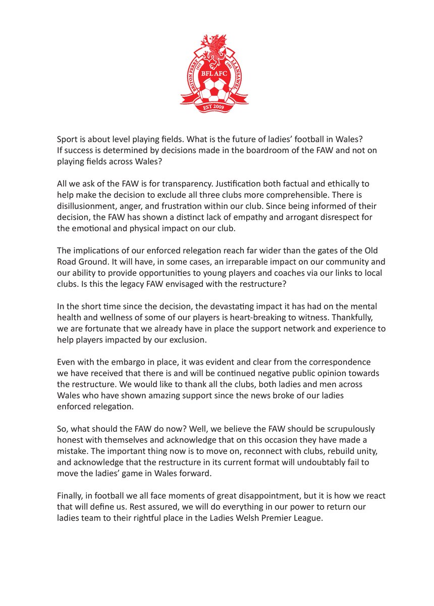 bflafc's tweet photo. Club Statement - Enforced Relegation of Briton Ferry Llansawel Ladies https://t.co/k3zSU2SAAv