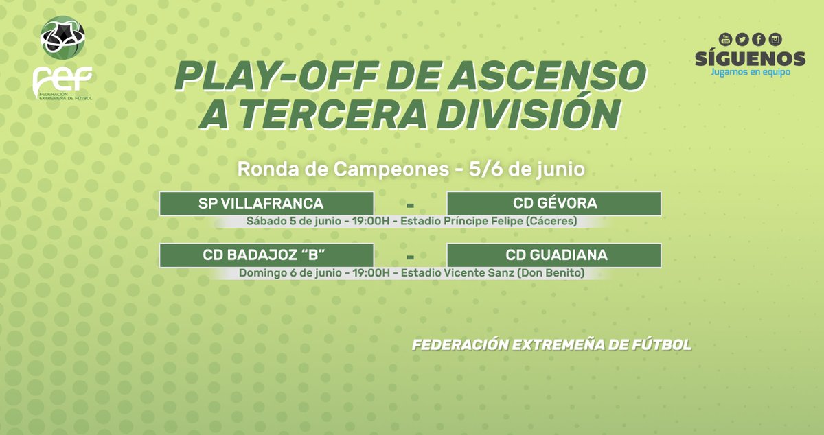 FedExFutbol's tweet photo. 📌Primeras sedes y horarios confirmados para las Fases de Ascenso a 3ª División y 1ª División Extremeña #JugamosEnEquipo https://t.co/FRB8HxBuNW