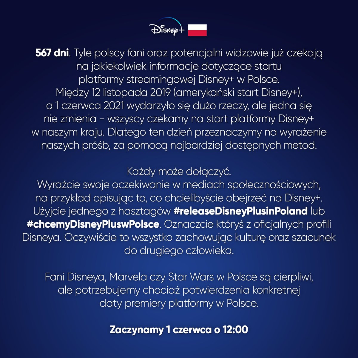 Jajowniczek's tweet photo. #releaseDisneyPlusinPoland
#chcemyDisneyPluswPolsce

Startujemy jutro (wtorek 1.06) o 12:00.
Zapraszamy wszystkich do przyłączenia się. https://t.co/ZhPUh2OnDs
