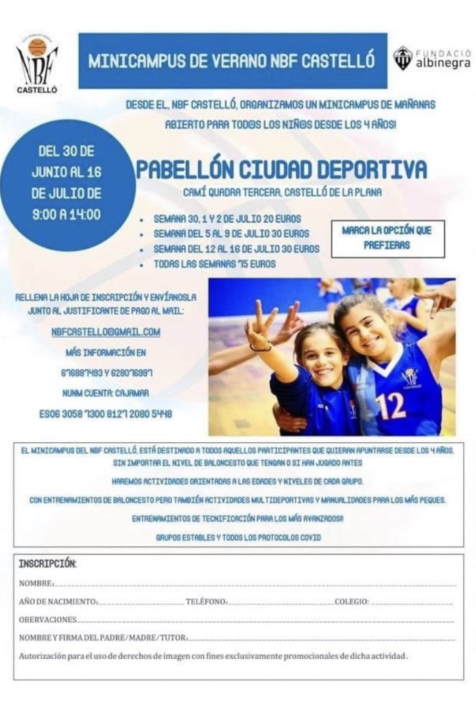 NBF_Castello's tweet photo. 🚨CAMPUS DE VERANO🚨

🏀CAMPUS DE TECNIFICIACIÓN DE TARDES
🏀MINICAMPUS DE MAÑANAS

Este verano organizamos dos actividades desde el 30 de junio hasta el 16 de julio. 

Infórmate en nuestra pagina web 👇👇👇

https://t.co/TtKq69TqQb

@FundAlbinegra @cdcastellon #AMUNTNOU #PPO https://t.co/RMwcfdJhmk