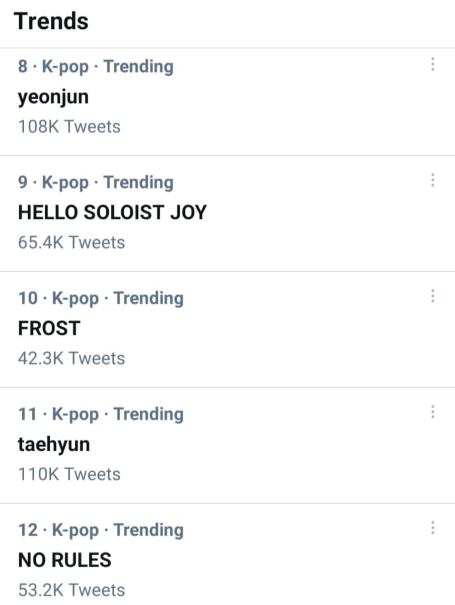 TeamTXTColombia's tweet image. Tendencias Mundiales🌍:

1. #0X1LOVESONG
2. #WeKnowWeLoveTXT
3. #TheFREEZINGpoint
4. FREEZE OUT NOW
5. #TXT_FREEZE
8. Yeonjun
10. FROST
11. taehyun
12. NO RULES
15. SPUTNIK
20. I Know I Love You

@TXT_bighit @TXT_members