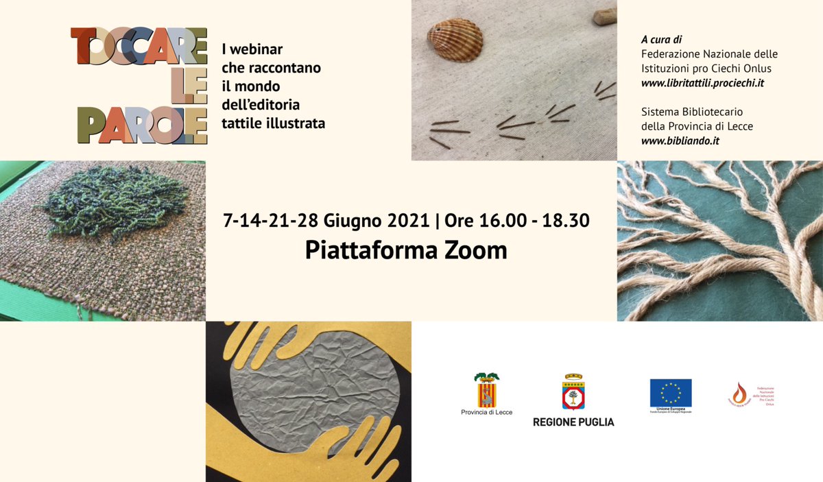 “Toccare le parole”, il mondo dei libri tattili per bambini:
<a href="/LecceProvincia/">Provincia di Lecce</a> e Federazione Nazionale pro Ciechi
promuovono webinar gratuiti bit.ly/2SMopyk