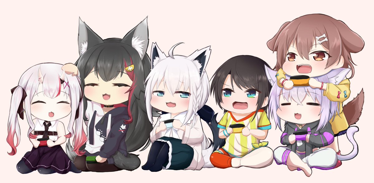 inugami korone ,nakiri ayame ,nekomata okayu ,ookami mio ,oozora subaru ,shirakami fubuki multiple girls dog ears animal ears fox ears wolf girl tail cat ears  illustration images