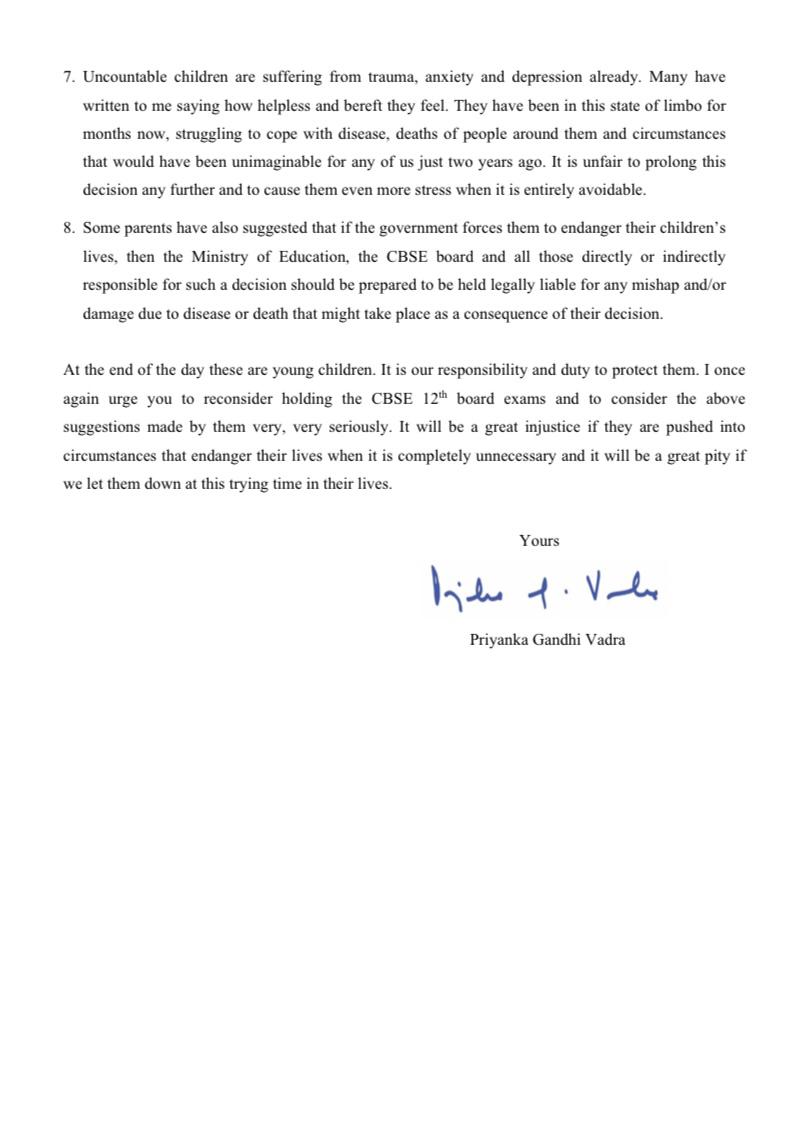 INCIndia's tweet photo. "How can we willingly put them [children] in a situation that is potentially dangerous &amp; life threatening for them?" 
Smt. @priyankagandhi writes to Minister of Education summarising numerous suggestions received from students, parents &amp; teachers on 12th standard CBSE exams. https://t.co/nvzAMDx9cD