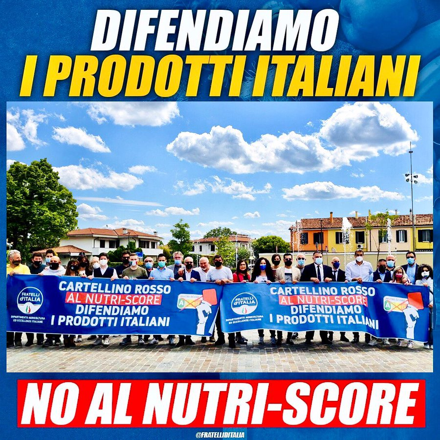 HercbergS's tweet photo. Manifestations anti-NutriScore des partis d’extrême-droite dans plusieurs villes italiennes essayant de jouer sur la fibre du nationalisme en laissant croire que #NutriScore pénaliserait les produits « made in Italy ». Pure instrumentalisation politique. Absurde et mensonger ! https://t.co/SRpcAqngkv
