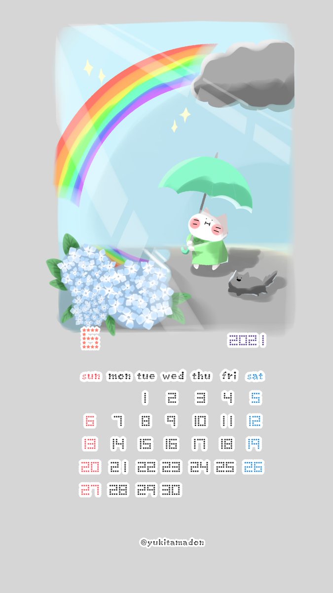 雪珠 ゆきみ S Tweet 6月のカレンダーができました N 梅雨の時期は 空も心もモヤッとする季節 止まない雨はないよ 良かったらロック画面や待ち受けにどうぞ ゆきネコチャン イラスト 21年 6月カレンダー 梅雨 虹 絵描きさんと繫がりたい