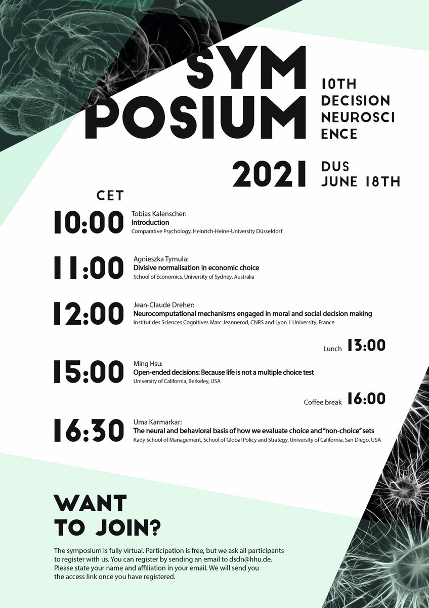 There is still time to register for our virtual Düsseldorf Symposium on Decision Neuroscience on June 18. Participation is free! @HHU_de @AgnieszkaTymula @JC_Dreher @hsu_ming @uma_karma #neuroeconomics #hhu #Duesseldorf #decisions #decisionneuroscience #dsdn