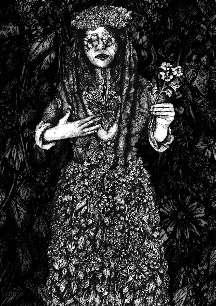 Our Lady of the Flowers. Pen and ink drawing. On the idea of finding love and connection in nature. #folklore #artwork #natureislove #folkhorror #PenandInk