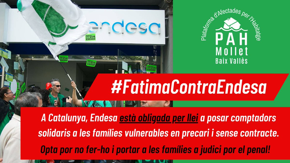 PAHMolletBV's tweet photo. Avui denunciem que @Endesa no té cap pressa en activar els protocols per posar comptadors solidaris a les famílies més vulnerables, però no es talla un pèl en criminalitzar-les i portar-les a judici.
#FatimaContraEndesa

Comunicat:
💡https://t.co/hFyO2jMZxJ https://t.co/VBsmkOT6Vp