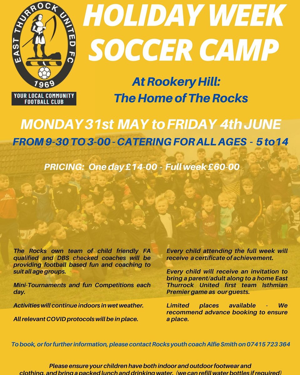 Still spaces available on our soccer camp please share @1EastThurrockFC @east_yfc @eastthurrocku9s @eastthurrocku12 <a href="/EssexCountyFA/">Essex County FA</a>