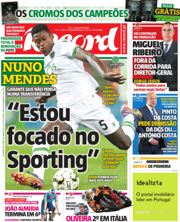 PortuGoal1's tweet photo. Amid speculation that Manchester City in for Nuno Mendes the Sporting leftback says he's happy to stay in Lisbon, in an interview in today's @Record_Portugal.

"I'm focused on Sporting"
"I want to keep my feet on the ground"
"I'm not an elite player yet; I'm working to get there" https://t.co/p88ilf6D50