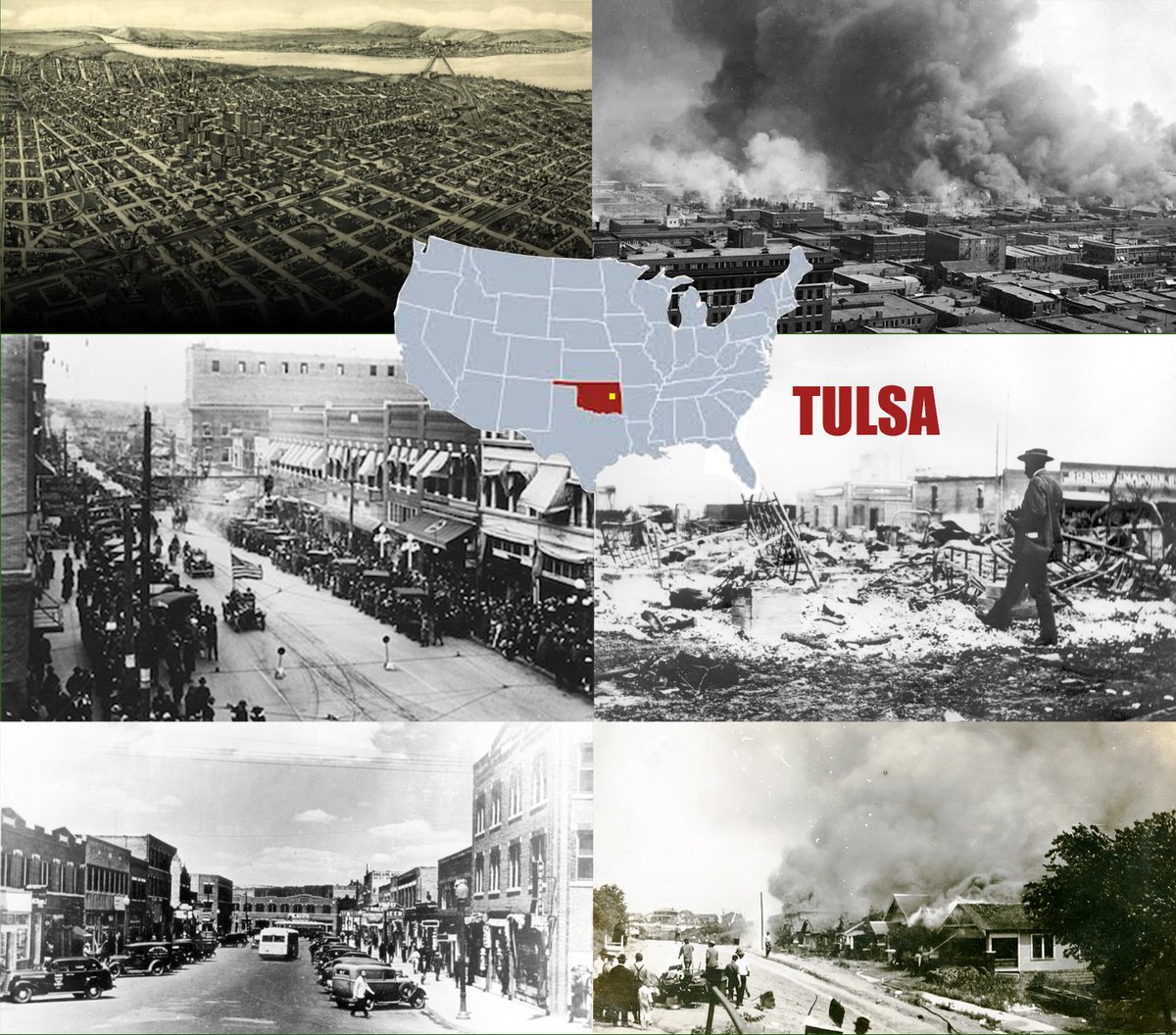 wcchen's tweet photo. 100 years ago today, 31 May-1 Jun 1921 White mobs attacked, murdered Black residents &amp; burned businesses &amp; homes in Greenwood District, Tulsa, Oklahoma, destroying 35 city blocks of "Black Wall Street", the wealthiest Black community in the United States.
https://t.co/rGlnrOqGop https://t.co/VD0qheXReZ