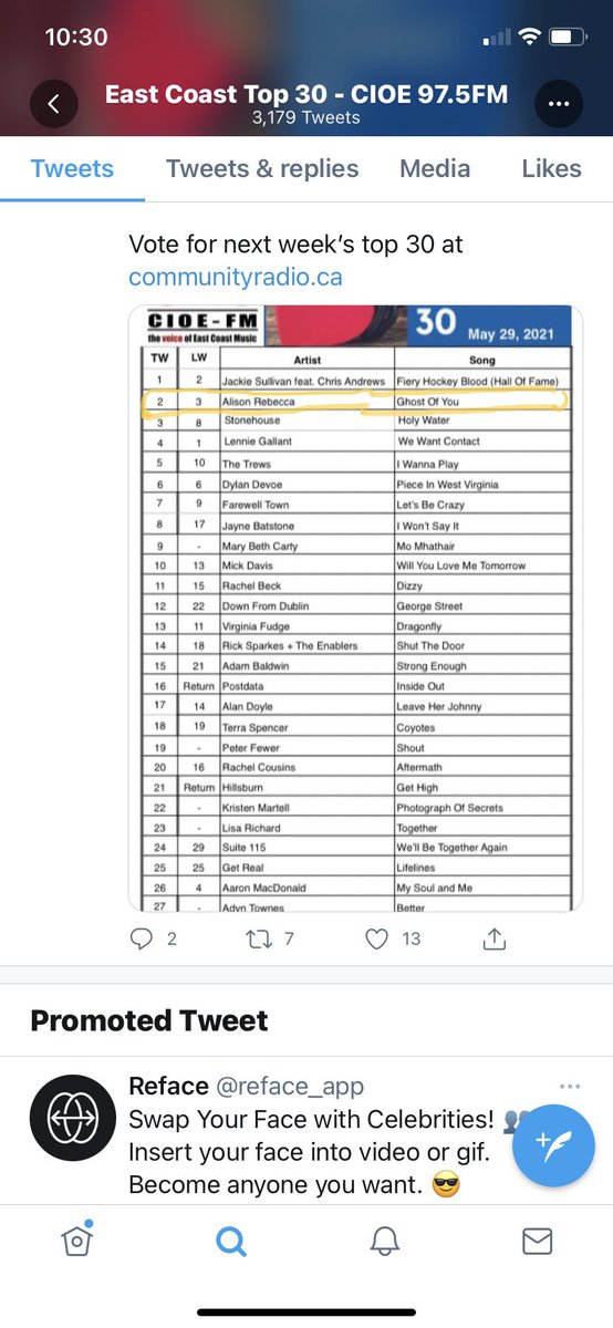 Hi Everyone, I would like to Thank everyone who voted for me and a Big Thank You to CIOE 97.5 FM ,Ghost of You is Number Two this Week! Congratulations to Jackie Sullivan for Entering The Hall of Fame!!