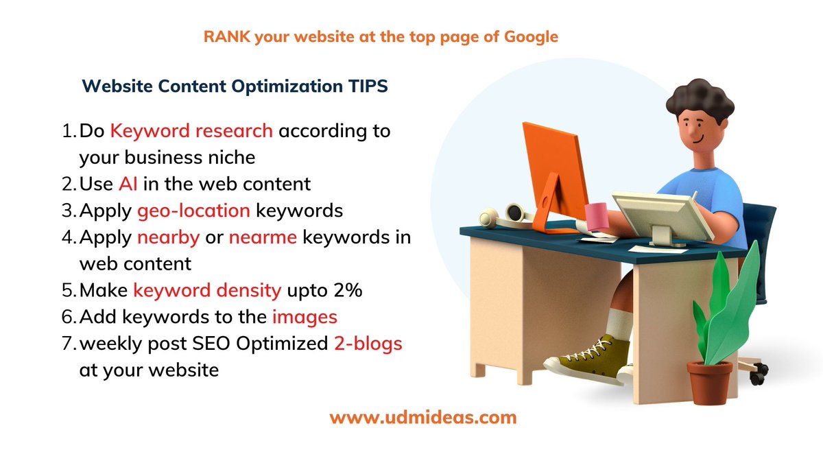 udmideas's tweet photo. How to Rank your website at the top page of Google?
1. do keyword research
2. use AI in the web content
3. Apply geo-location keywords
4. Apply nearby or near me keywords
5. keyword density up to 2%
6. Add keywords to images
7. Weekly 2 blogs

#digitalagency #usa #nycagency https://t.co/L51GiWutHs