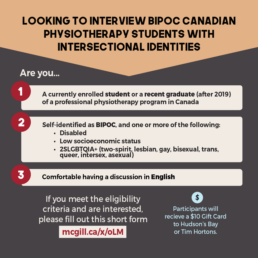 Calling Canadian physio educators:

A student group that I am co-supervising is recruiting:
1) current PT students, and
2) recent PT graduates (since Jan 2019)

who identify as Black, Indigenous, or a Person of Colour (BIPOC) to participate in a qualitative research study.

1/2